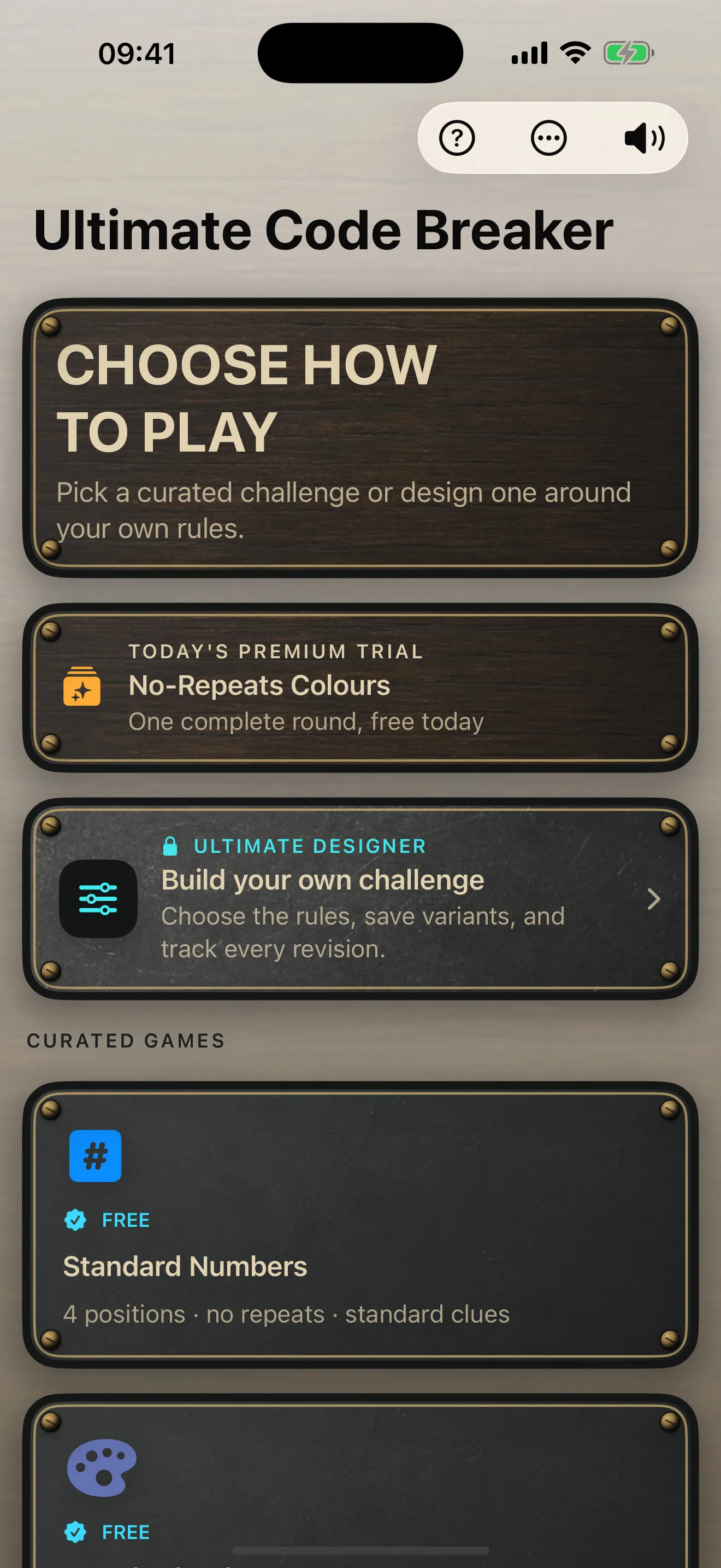 The actual Ultimate Code Breaker library showing the daily premium trial, Ultimate Designer and curated games