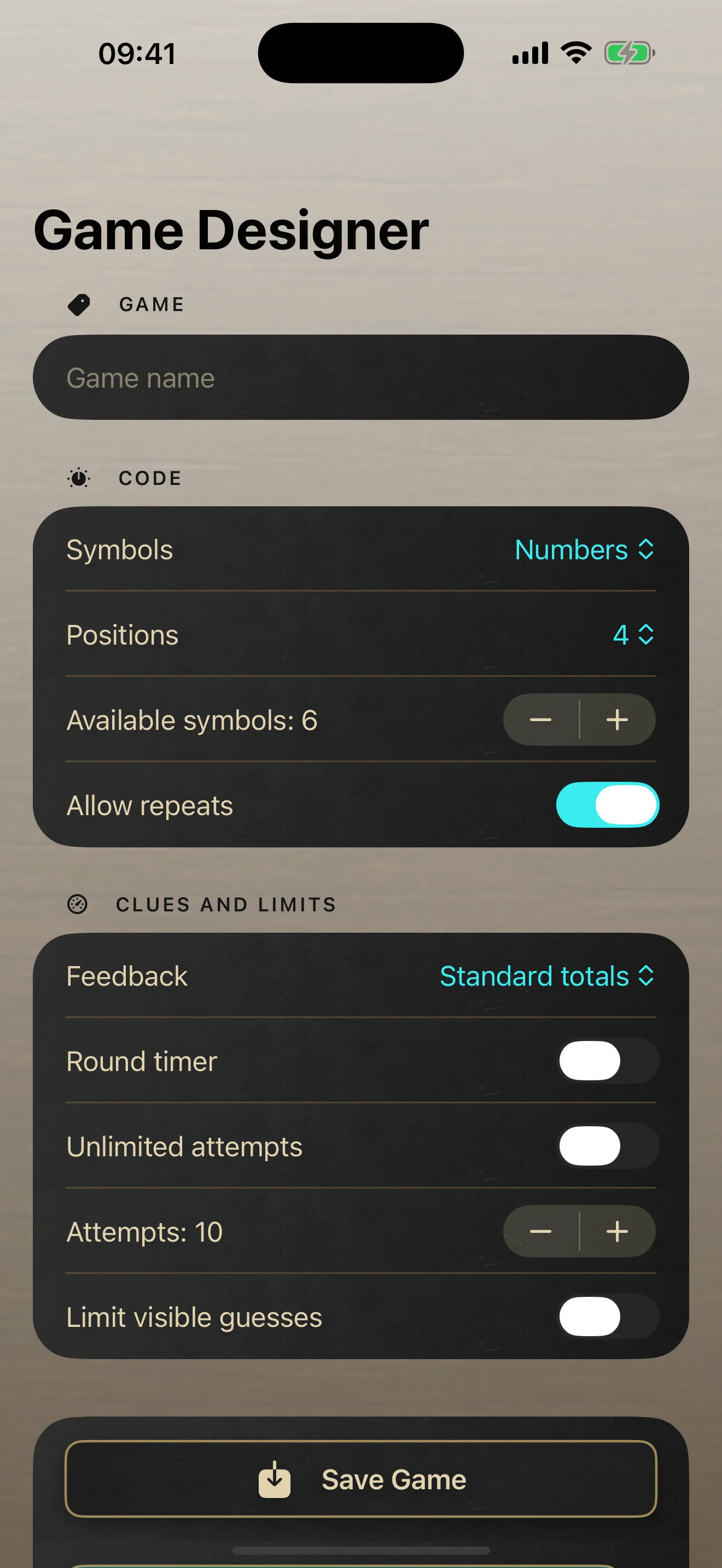 The actual Ultimate Designer showing number and clue settings for a custom game