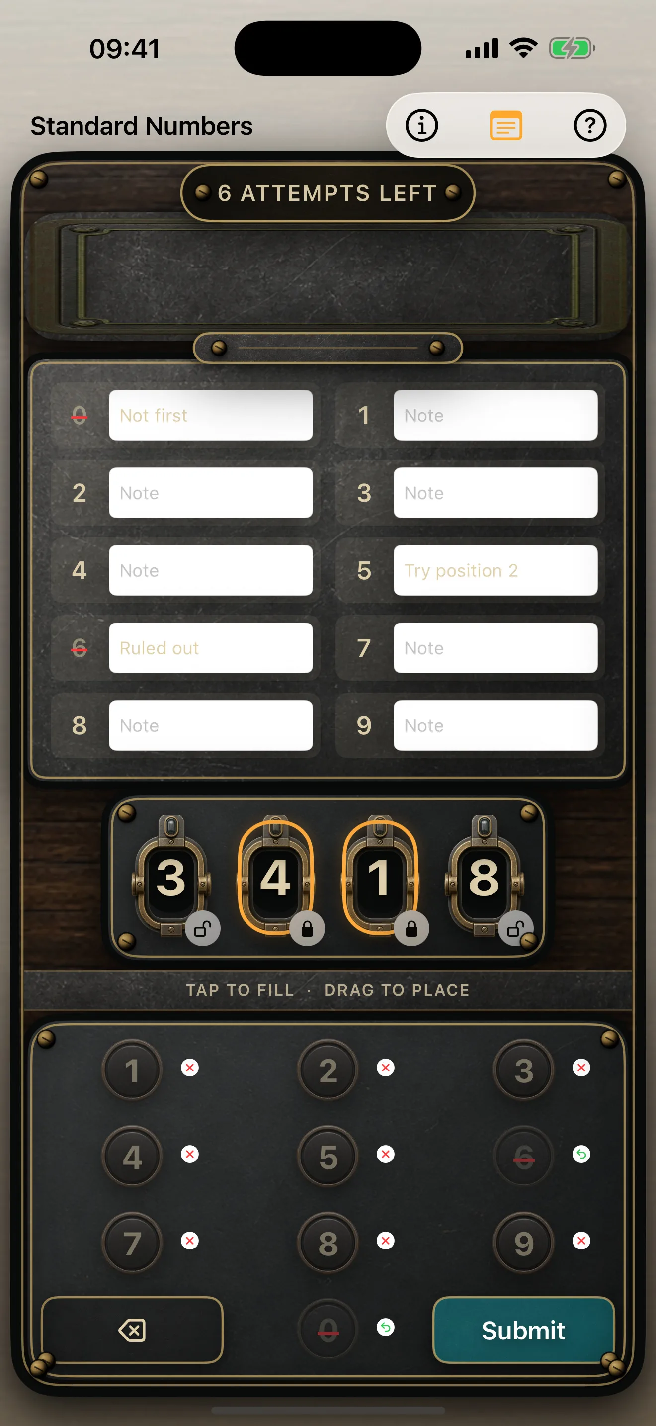 The actual Standard Numbers scratchpad showing locked positions, ruled-out digits and deduction notes